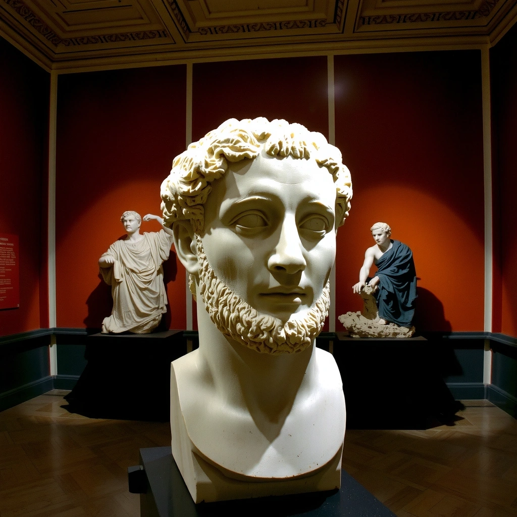 Scultura antica illuminata in un museo