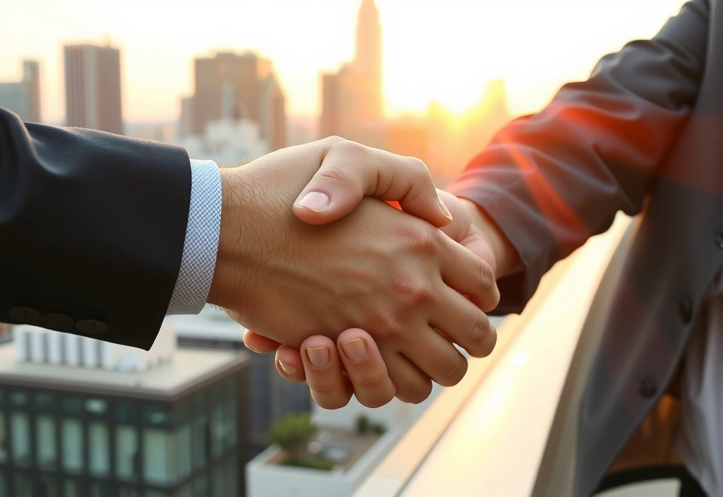 Mani che si stringono in segno di accordo commerciale, con uno sfondo di skyline urbano