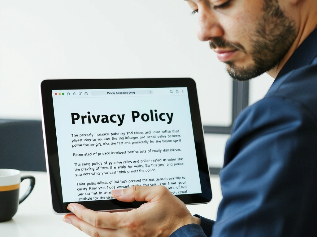 Illustration of a person reading a privacy policy document on a tablet